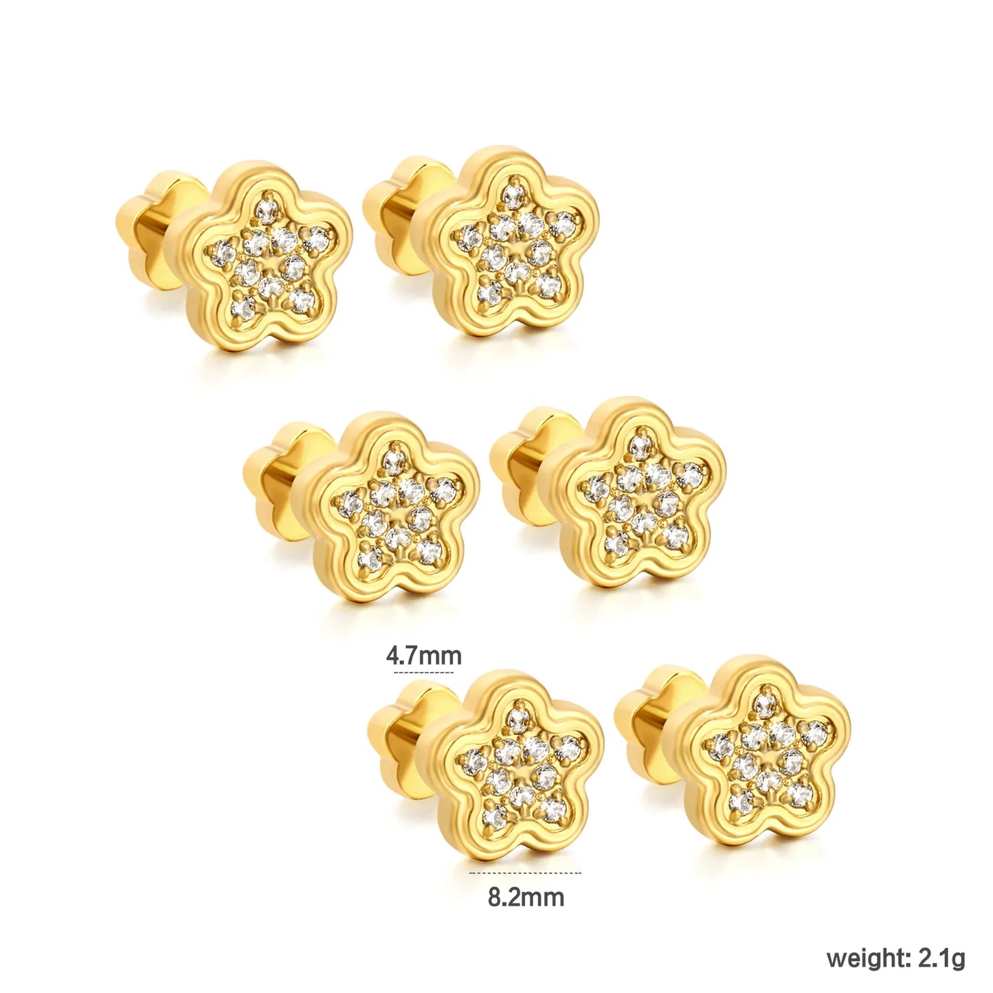 18K Gold Plated Plum Blossom Pave CZ Screw-Back Stud Earrings | 3 Pairs Pack |  Wholesale Bulk Order MOQ 12