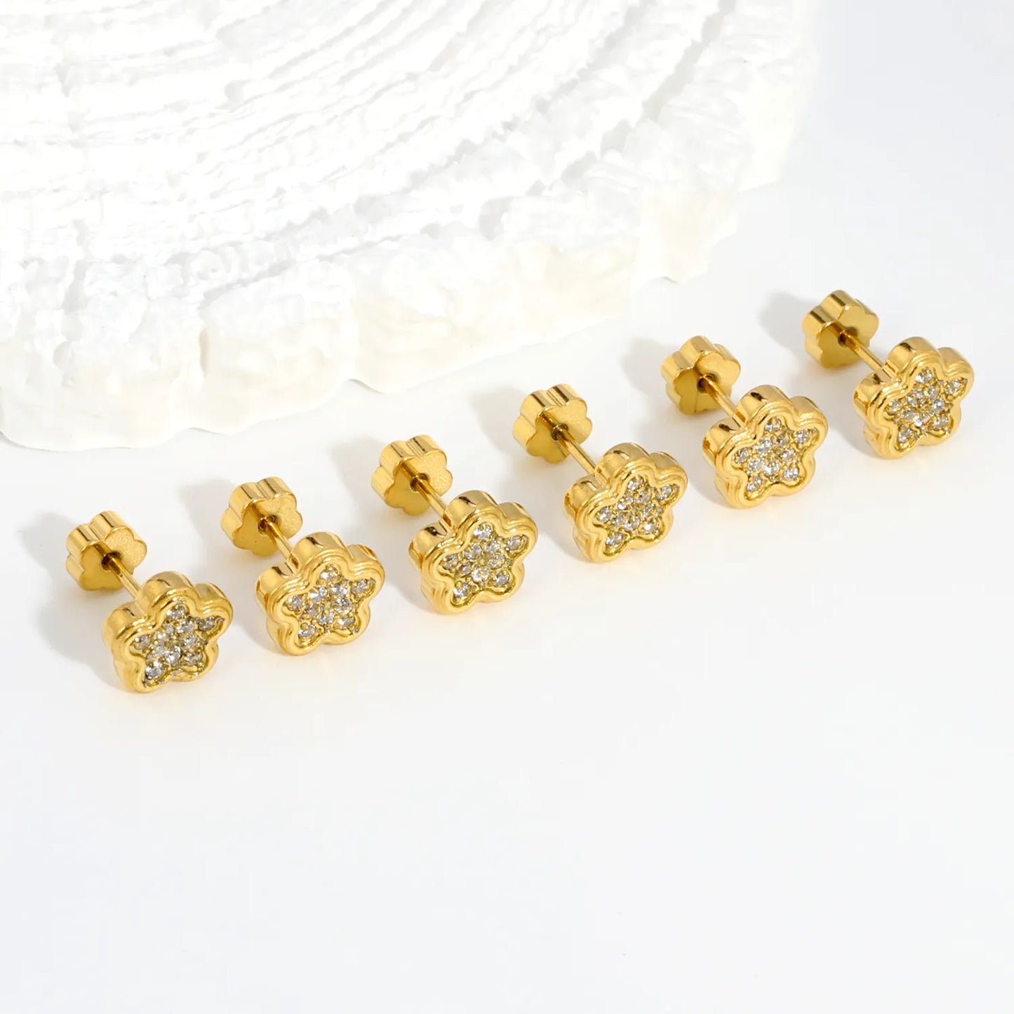 18K Gold Plated Plum Blossom Pave CZ Screw-Back Stud Earrings | 3 Pairs Pack |  Wholesale Bulk Order MOQ 12