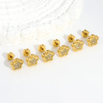 18K Gold Plated Plum Blossom Pave CZ Screw-Back Stud Earrings | 3 Pairs Pack |  Wholesale Bulk Order MOQ 12