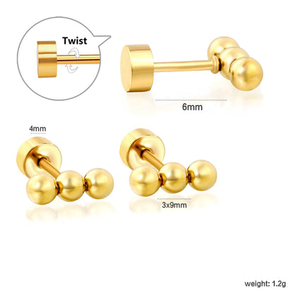 Triple Ball Barbell Screw-Back Stud Earrings | 18K Gold Plated Stainless Steel | Wholesale Bulk Order MOQ 12