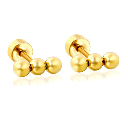 Triple Ball Barbell Screw-Back Stud Earrings | 18K Gold Plated Stainless Steel | Wholesale Bulk Order MOQ 12