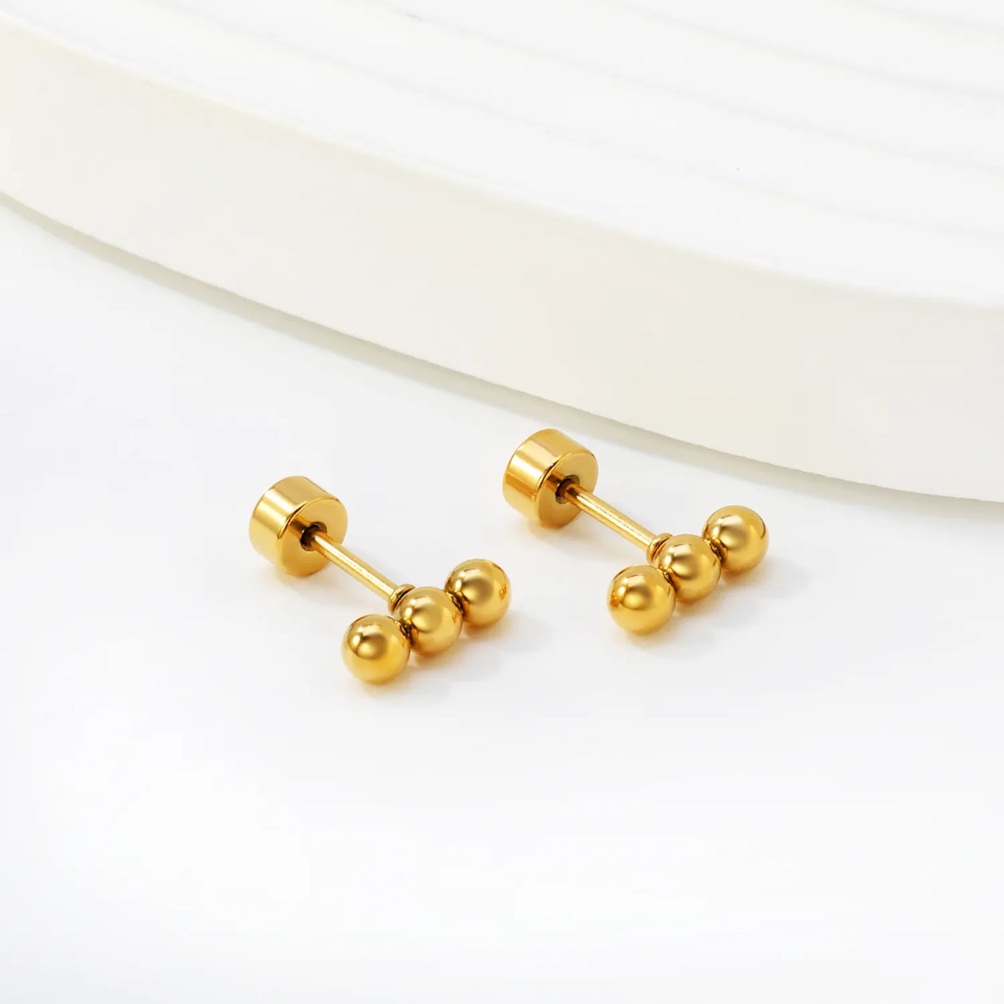 Triple Ball Barbell Screw-Back Stud Earrings | 18K Gold Plated Stainless Steel | Wholesale Bulk Order MOQ 12