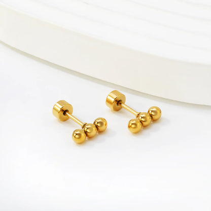 Triple Ball Barbell Screw-Back Stud Earrings | 18K Gold Plated Stainless Steel | Wholesale Bulk Order MOQ 12