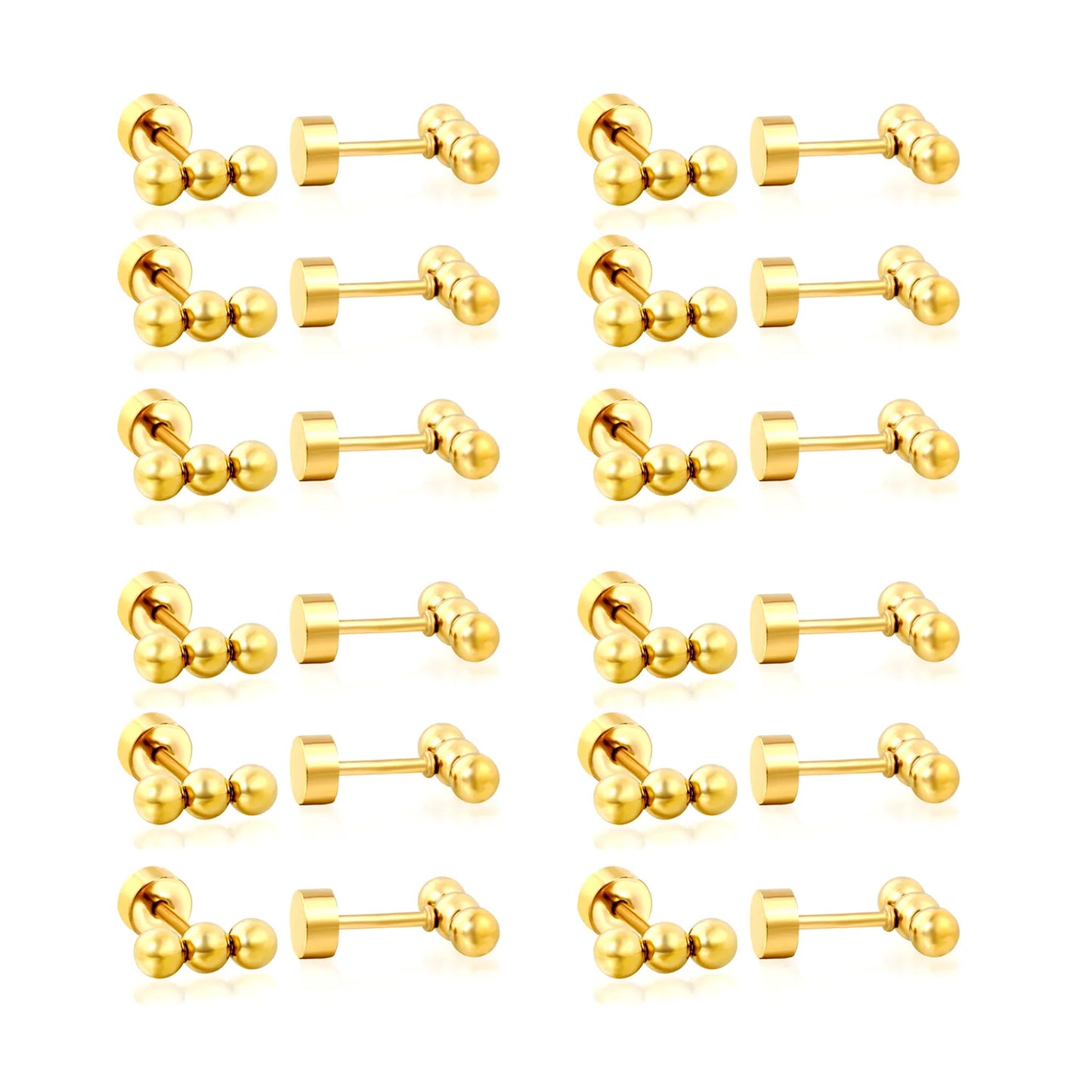 Triple Ball Barbell Screw-Back Stud Earrings | 18K Gold Plated Stainless Steel | Wholesale Bulk Order MOQ 12