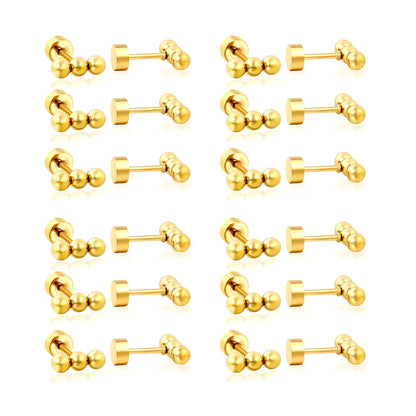 Triple Ball Barbell Screw-Back Stud Earrings | 18K Gold Plated Stainless Steel | Wholesale Bulk Order MOQ 12