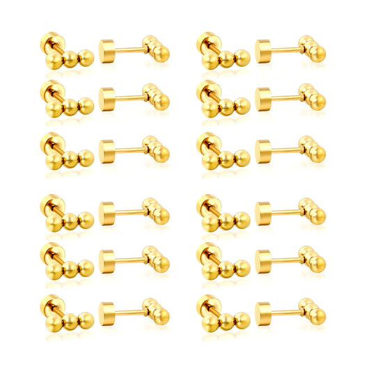 Triple Ball Barbell Screw-Back Stud Earrings | 18K Gold Plated Stainless Steel | Wholesale Bulk Order MOQ 12