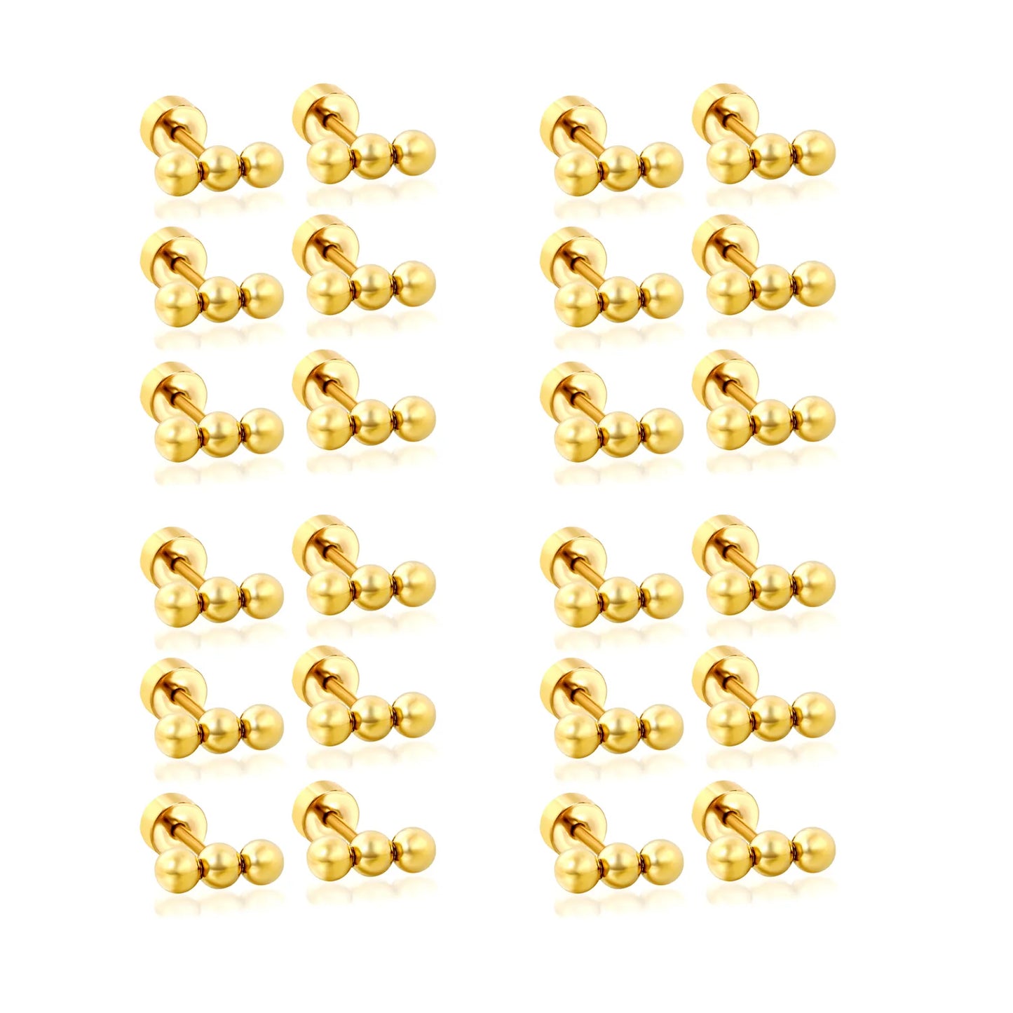 Triple Ball Barbell Screw-Back Stud Earrings | 18K Gold Plated Stainless Steel | Wholesale Bulk Order MOQ 12