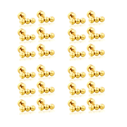 Triple Ball Barbell Screw-Back Stud Earrings | 18K Gold Plated Stainless Steel | Wholesale Bulk Order MOQ 12