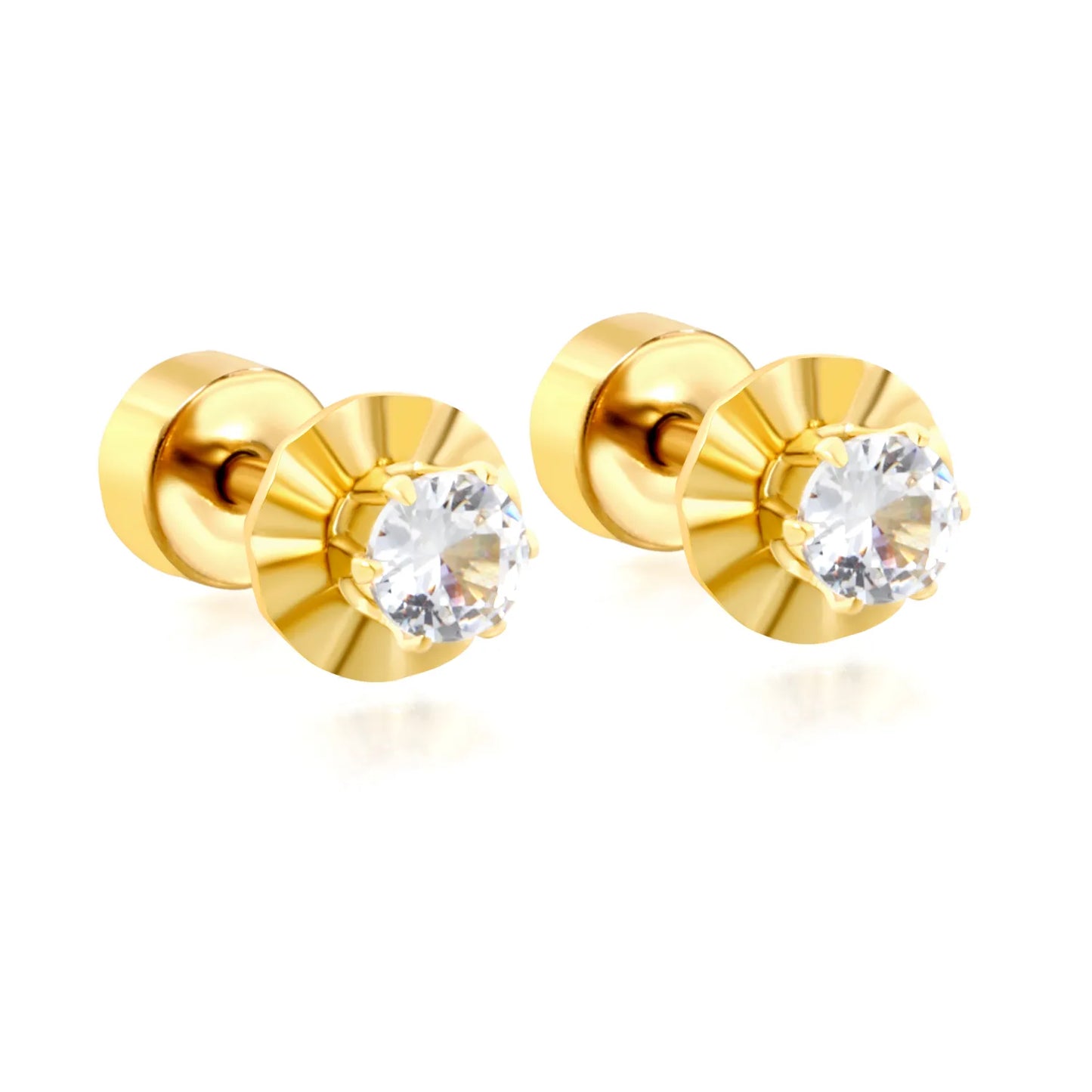 CZ Screw-Back Flat Back Stud Earrings | 18K Gold Plated Stainless Steel | Wholesale Bulk Order MOQ 12