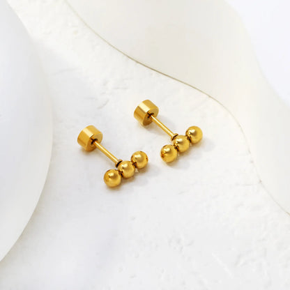 Triple Ball Barbell Screw-Back Stud Earrings | 18K Gold Plated Stainless Steel | Wholesale Bulk Order MOQ 12