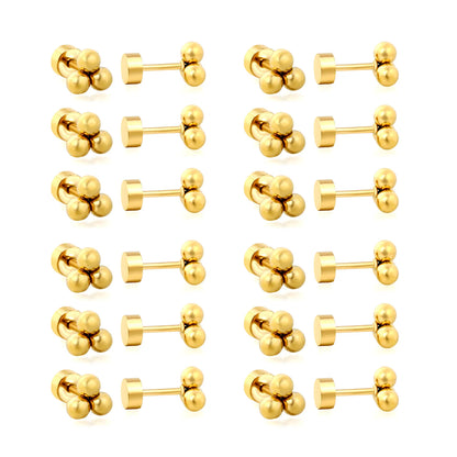 Triple Bead Cluster Screw-Back Stud Earrings | 18K Gold Plated Stainless Steel | Wholesale Bulk Order MOQ 12