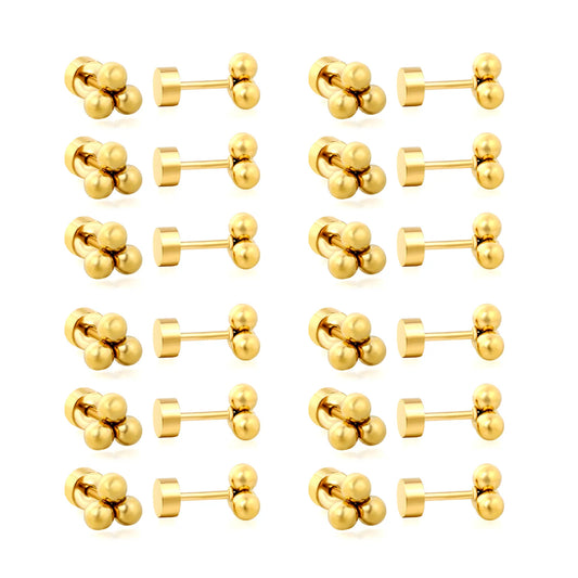 Triple Bead Cluster Screw-Back Stud Earrings | 18K Gold Plated Stainless Steel | Wholesale Bulk Order MOQ 12