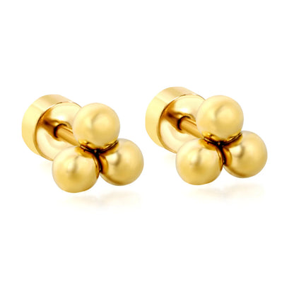 Triple Bead Cluster Screw-Back Stud Earrings | 18K Gold Plated Stainless Steel | Wholesale Bulk Order MOQ 12