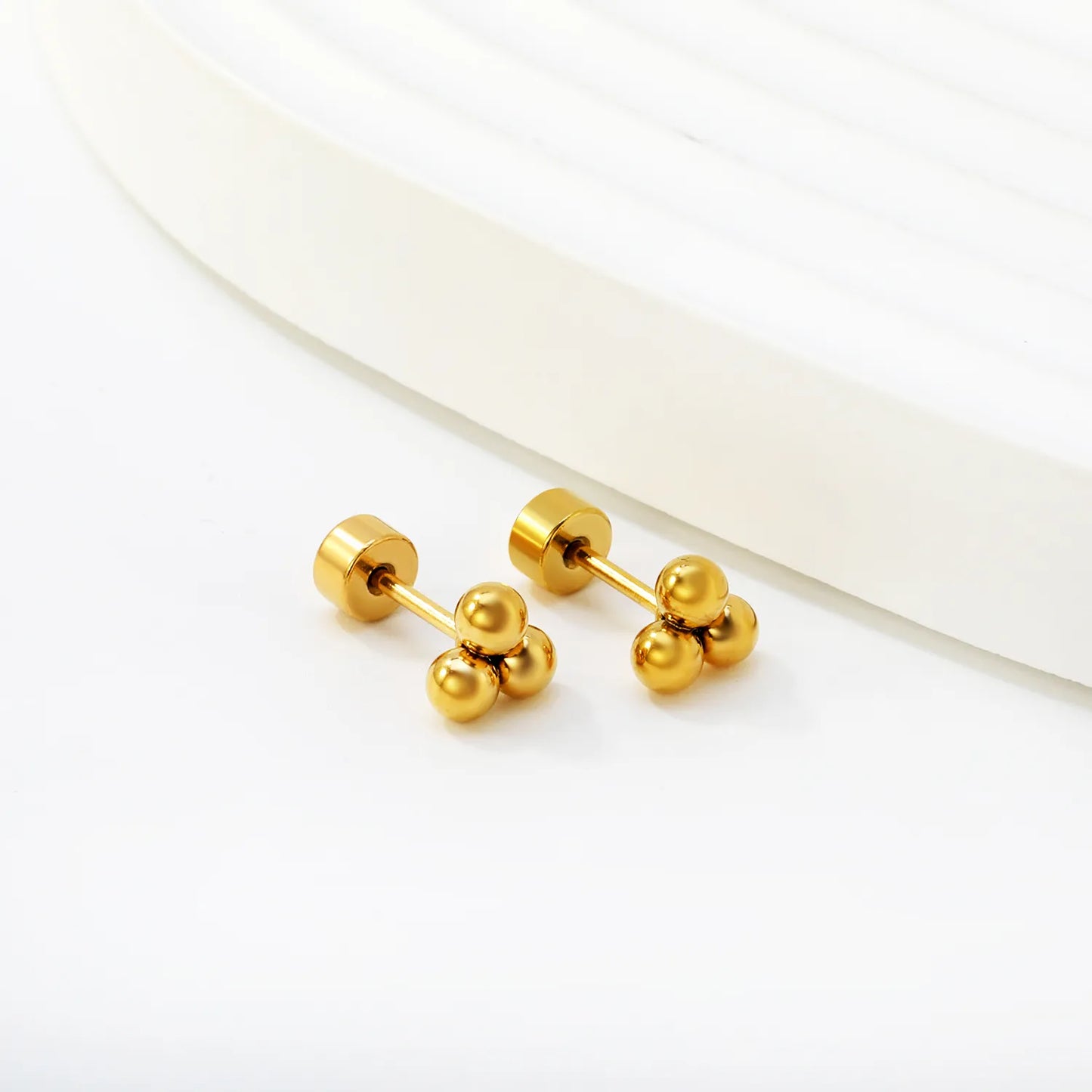 Triple Bead Cluster Screw-Back Stud Earrings | 18K Gold Plated Stainless Steel | Wholesale Bulk Order MOQ 12