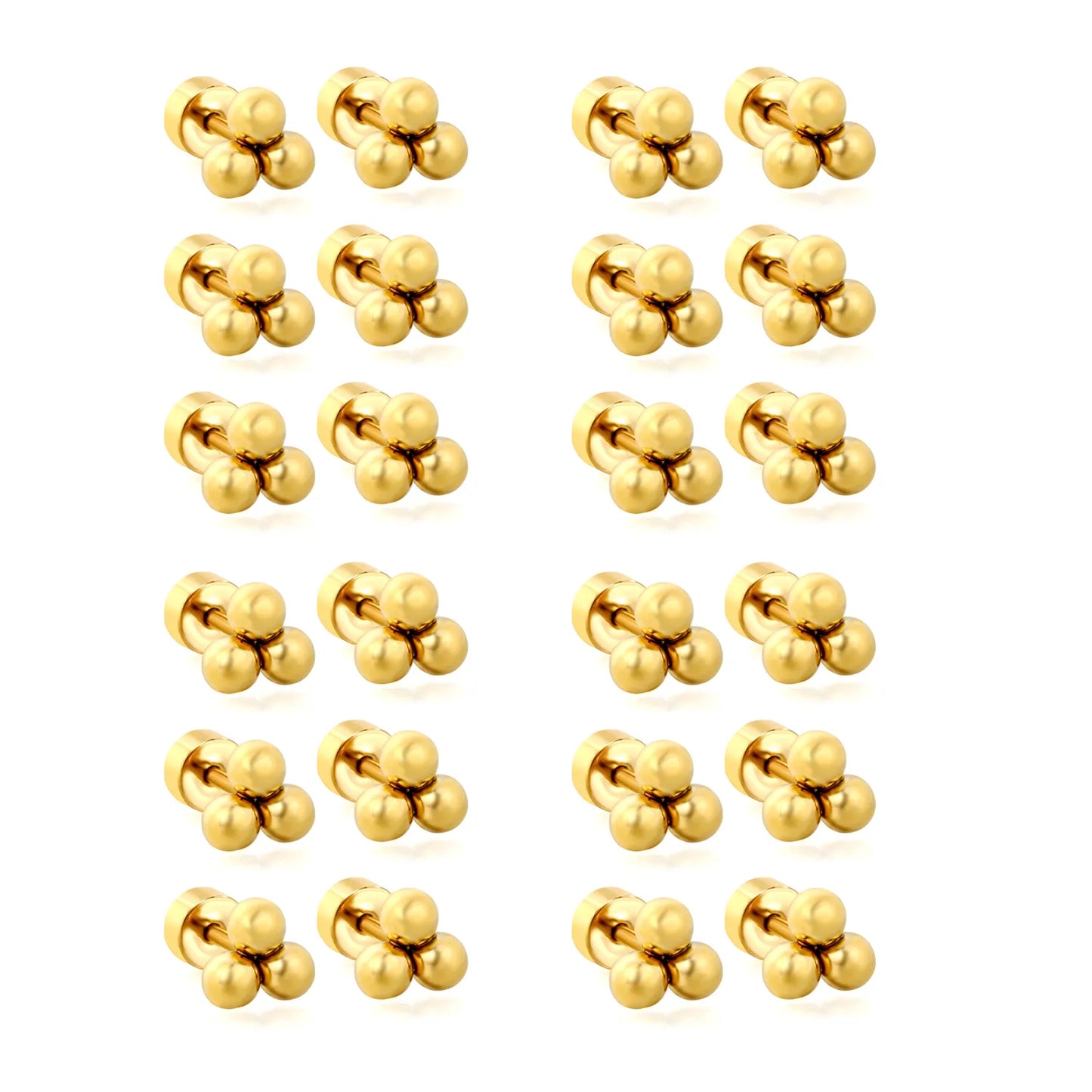 Triple Bead Cluster Screw-Back Stud Earrings | 18K Gold Plated Stainless Steel | Wholesale Bulk Order MOQ 12