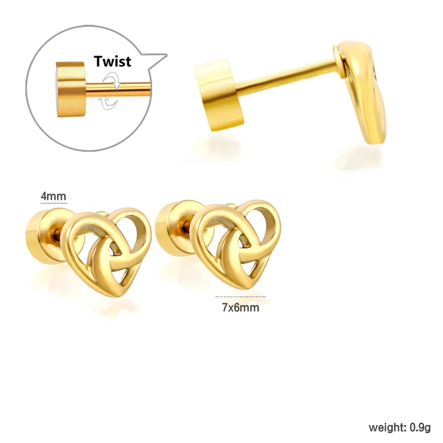 Open Heart Knot Screw-Back Stud Earrings | 18K Gold Plated Stainless Steel | Wholesale Bulk Order MOQ 12