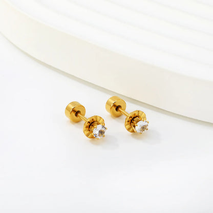 CZ Screw-Back Flat Back Stud Earrings | 18K Gold Plated Stainless Steel | Wholesale Bulk Order MOQ 12