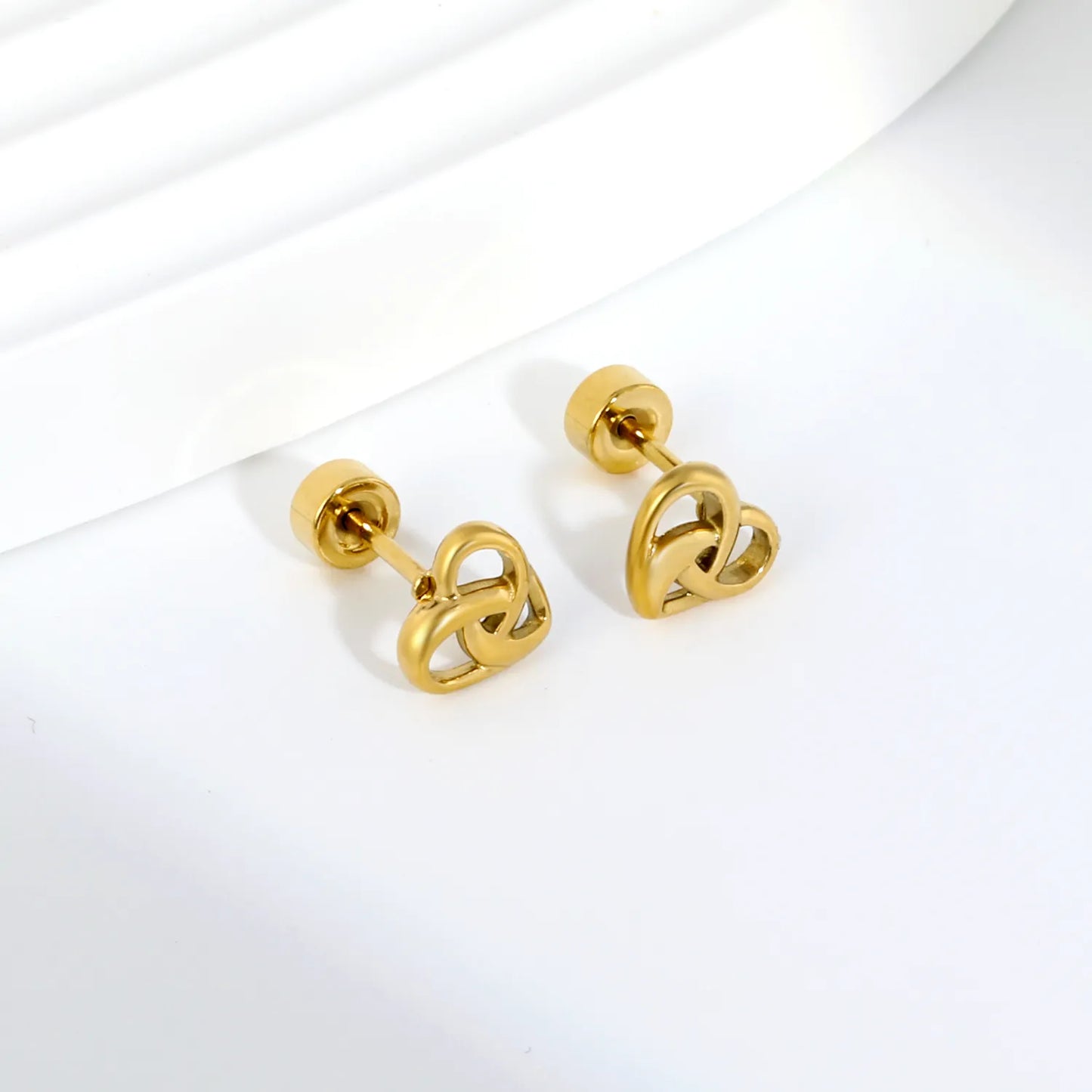 Open Heart Knot Screw-Back Stud Earrings | 18K Gold Plated Stainless Steel | Wholesale Bulk Order MOQ 12