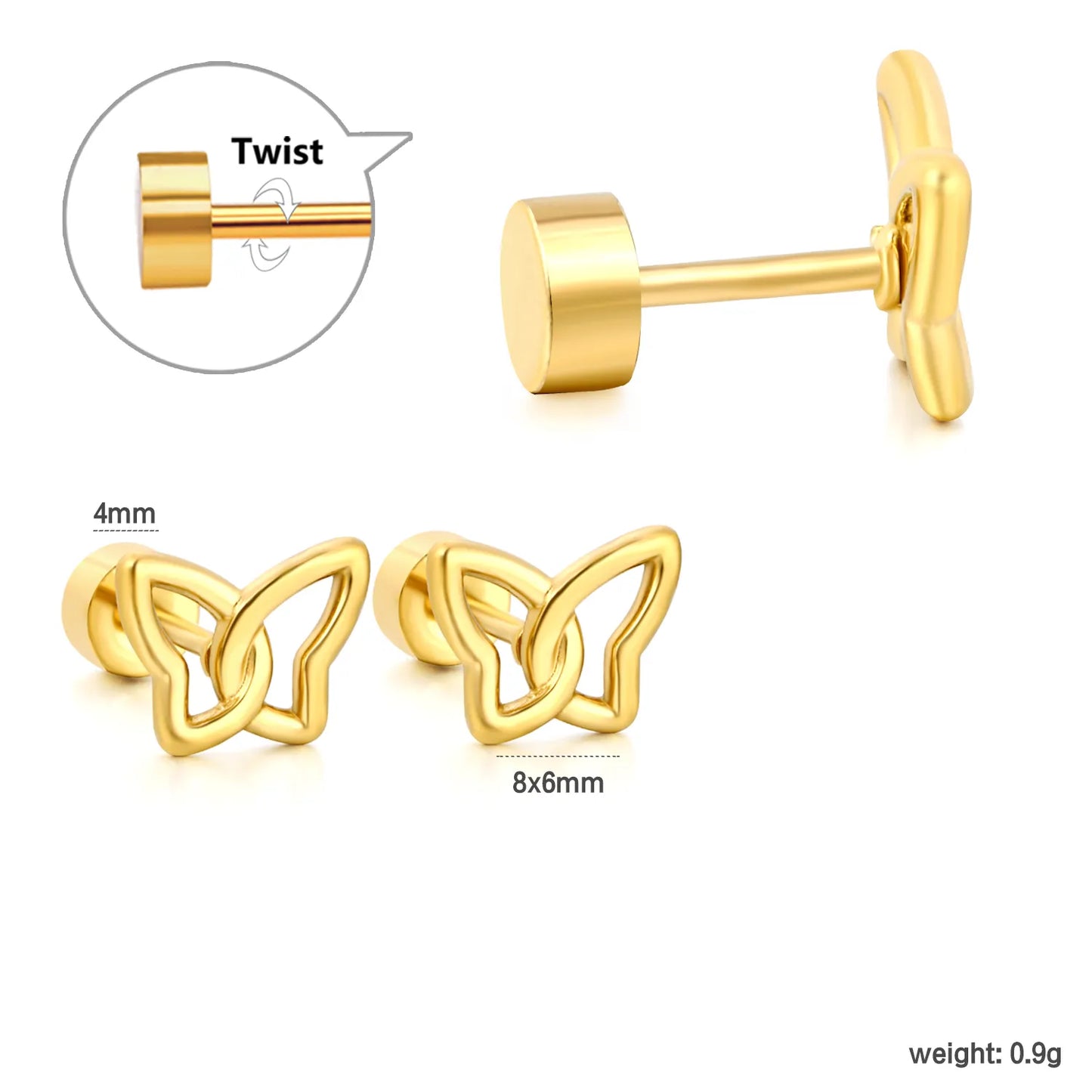Open Butterfly Screw-Back Stud Earrings | 18K Gold Plated Stainless Steel | Wholesale Bulk Order MOQ 12