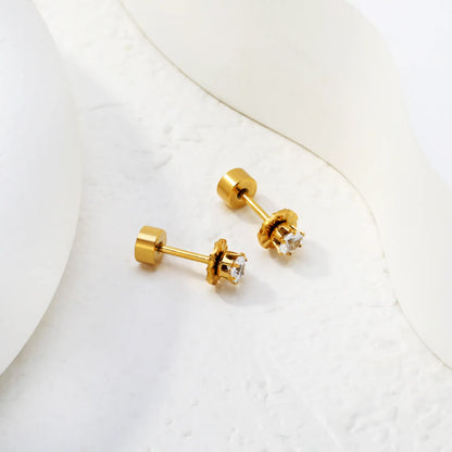 CZ Screw-Back Flat Back Stud Earrings | 18K Gold Plated Stainless Steel | Wholesale Bulk Order MOQ 12