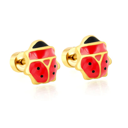 Ladybird Enamel Screw-Back Stud Earrings | 18K Gold Plated Stainless Steel | Wholesale Bulk Order MOQ 12