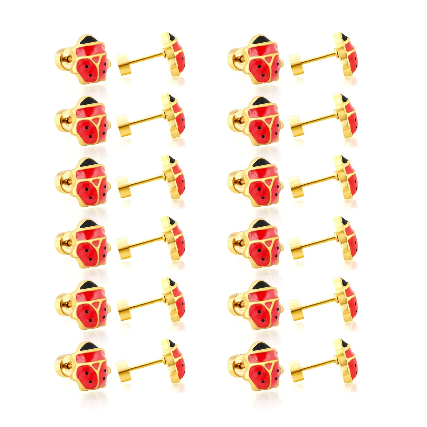 Ladybird Enamel Screw-Back Stud Earrings | 18K Gold Plated Stainless Steel | Wholesale Bulk Order MOQ 12