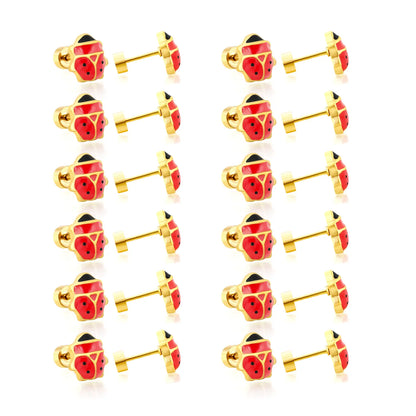 Ladybird Enamel Screw-Back Stud Earrings | 18K Gold Plated Stainless Steel | Wholesale Bulk Order MOQ 12