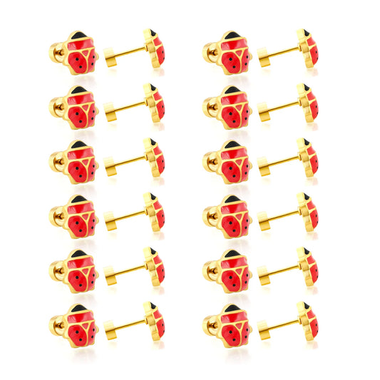 Ladybird Enamel Screw-Back Stud Earrings | 18K Gold Plated Stainless Steel | Wholesale Bulk Order MOQ 12