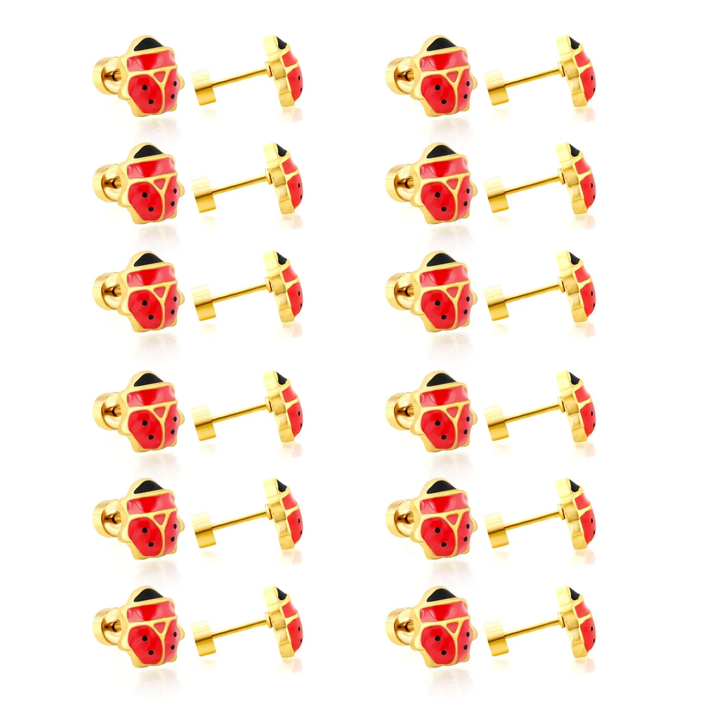Ladybird Enamel Screw-Back Stud Earrings | 18K Gold Plated Stainless Steel | Wholesale Bulk Order MOQ 12