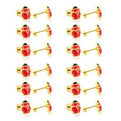 Ladybird Enamel Screw-Back Stud Earrings | 18K Gold Plated Stainless Steel | Wholesale Bulk Order MOQ 12