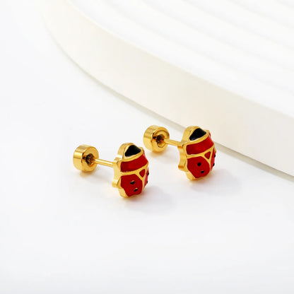 Ladybird Enamel Screw-Back Stud Earrings | 18K Gold Plated Stainless Steel | Wholesale Bulk Order MOQ 12