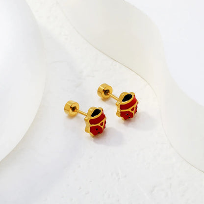 Ladybird Enamel Screw-Back Stud Earrings | 18K Gold Plated Stainless Steel | Wholesale Bulk Order MOQ 12