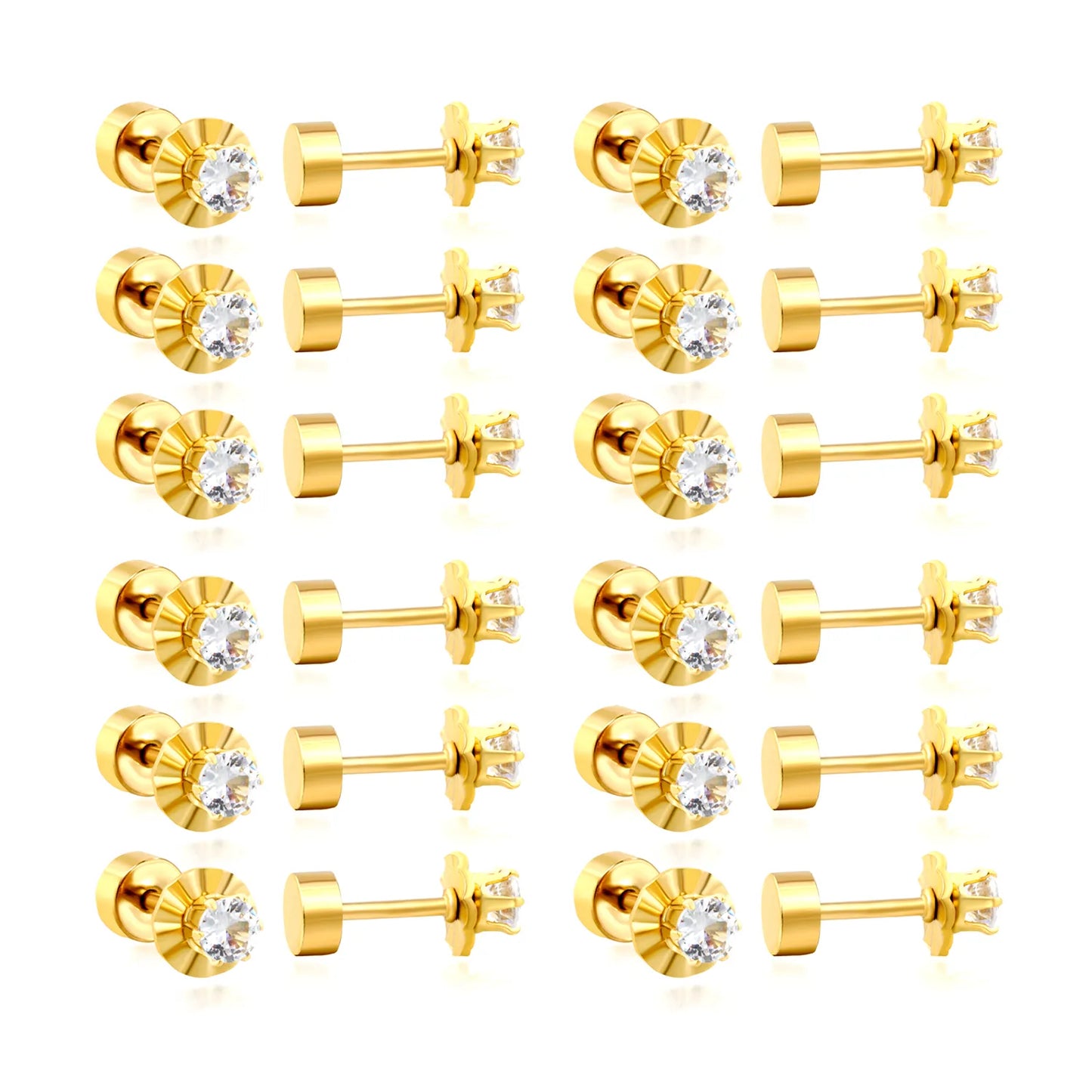 CZ Screw-Back Flat Back Stud Earrings | 18K Gold Plated Stainless Steel | Wholesale Bulk Order MOQ 12