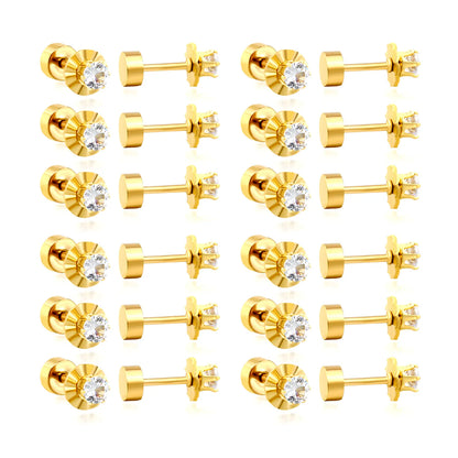 CZ Screw-Back Flat Back Stud Earrings | 18K Gold Plated Stainless Steel | Wholesale Bulk Order MOQ 12