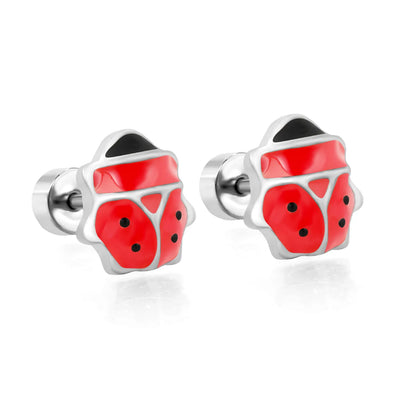 Silver Ladybird Enamel Screw-Back Stud Earrings | Hypoallergenic Stainless Steel | Wholesale Bulk Order MOQ 12