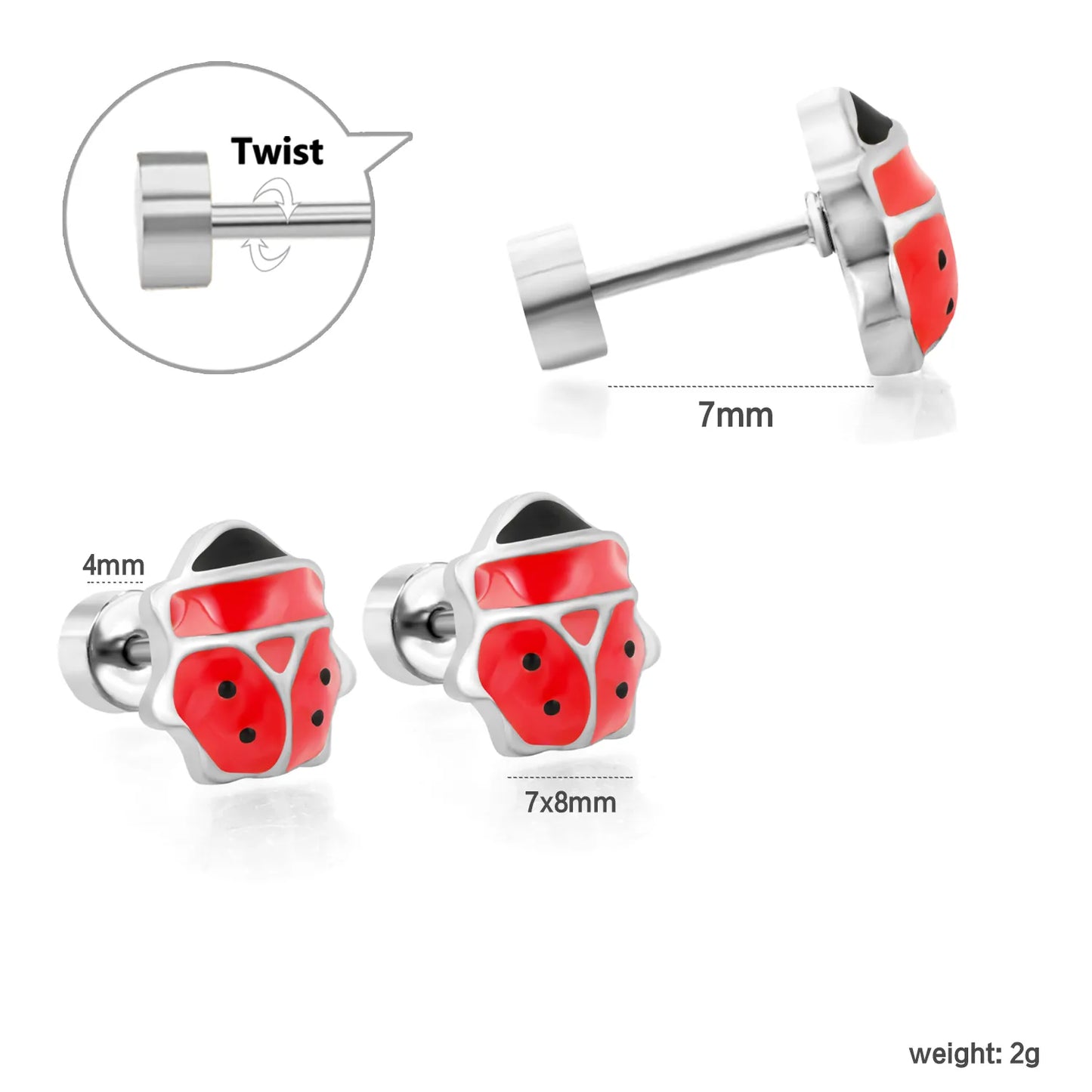 Silver Ladybird Enamel Screw-Back Stud Earrings | Hypoallergenic Stainless Steel | Wholesale Bulk Order MOQ 12