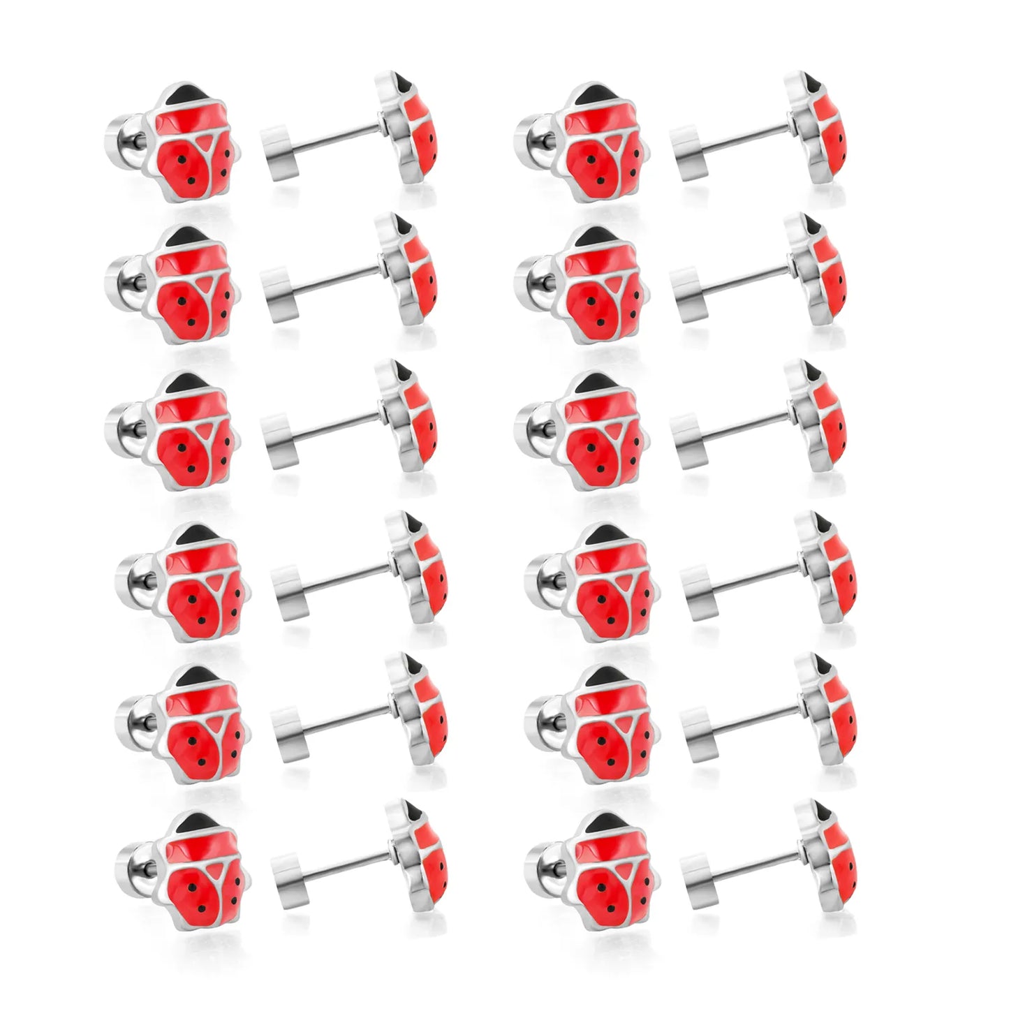 Silver Ladybird Enamel Screw-Back Stud Earrings | Hypoallergenic Stainless Steel | Wholesale Bulk Order MOQ 12