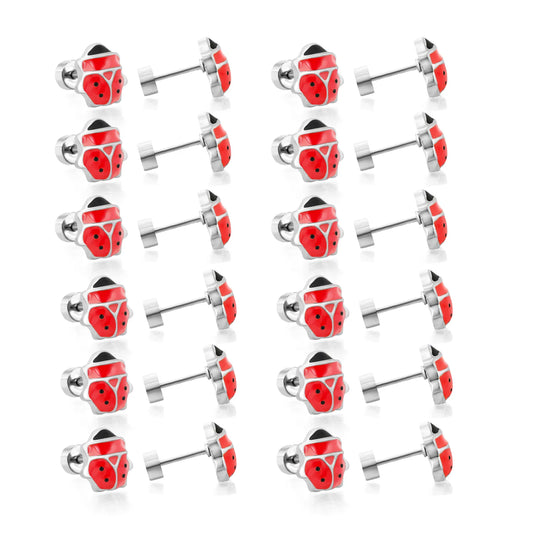 Silver Ladybird Enamel Screw-Back Stud Earrings | Hypoallergenic Stainless Steel | Wholesale Bulk Order MOQ 12