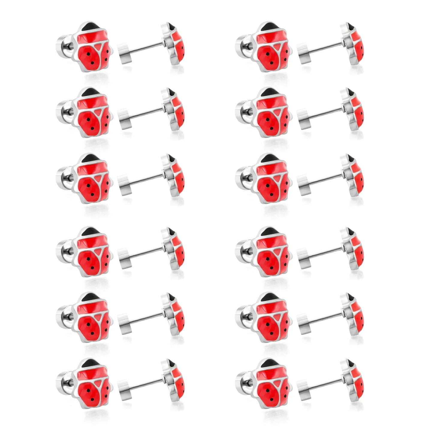 Silver Ladybird Enamel Screw-Back Stud Earrings | Hypoallergenic Stainless Steel | Wholesale Bulk Order MOQ 12