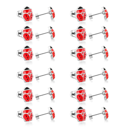Silver Ladybird Enamel Screw-Back Stud Earrings | Hypoallergenic Stainless Steel | Wholesale Bulk Order MOQ 12