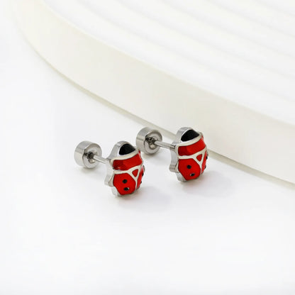 Silver Ladybird Enamel Screw-Back Stud Earrings | Hypoallergenic Stainless Steel | Wholesale Bulk Order MOQ 12