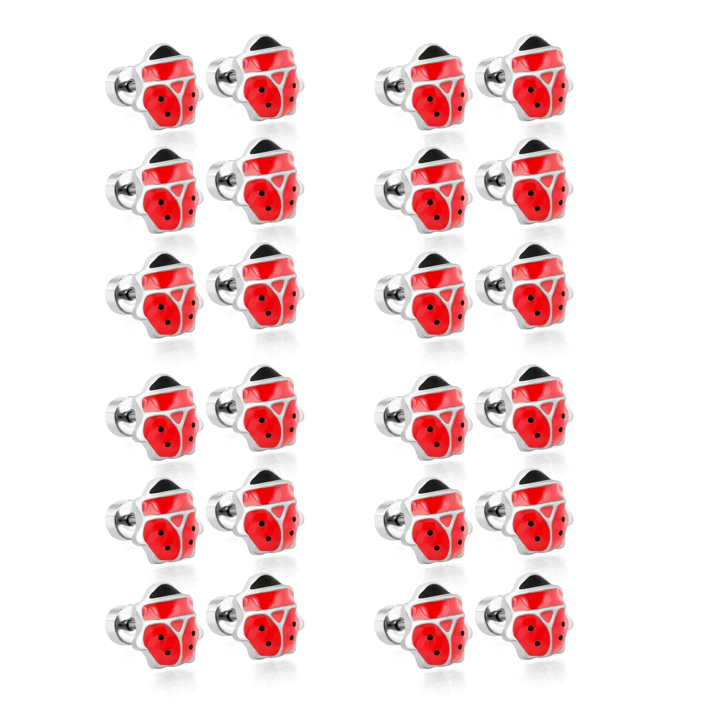Silver Ladybird Enamel Screw-Back Stud Earrings | Hypoallergenic Stainless Steel | Wholesale Bulk Order MOQ 12