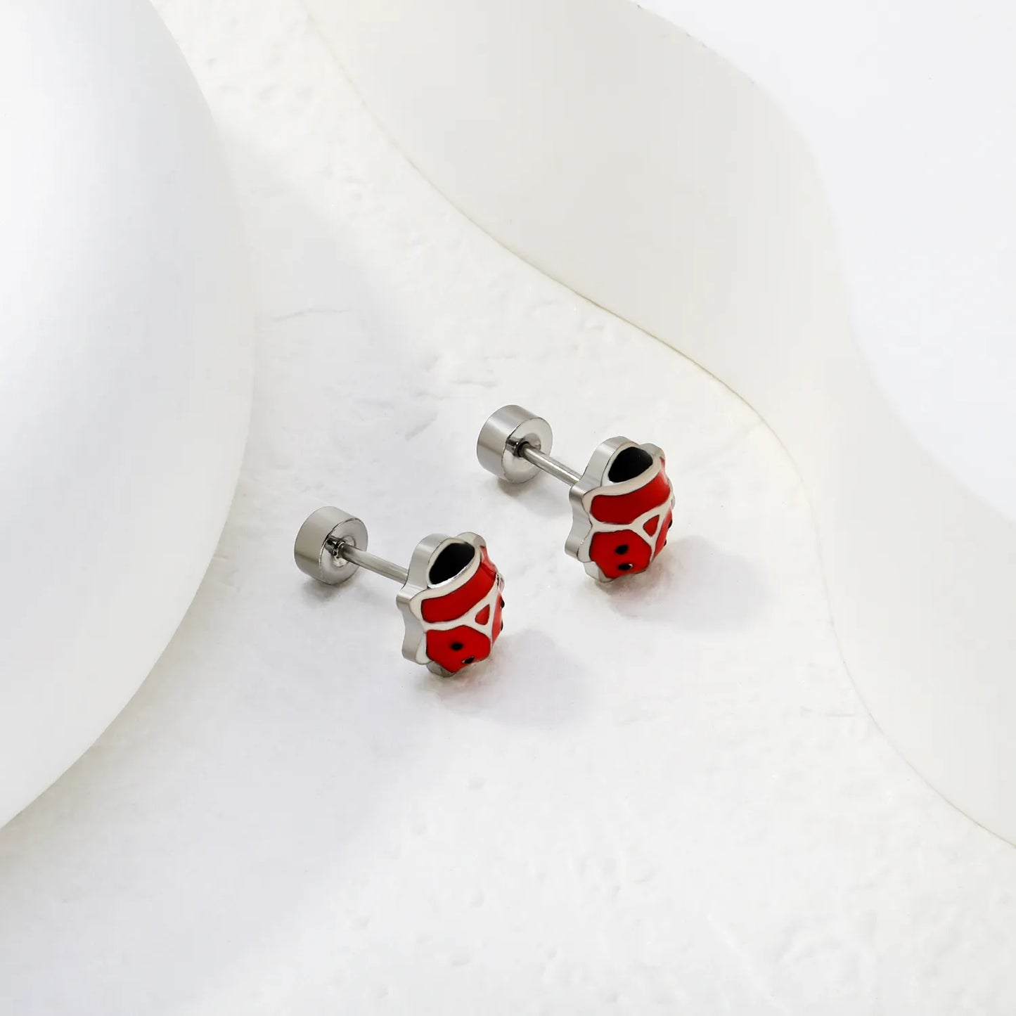 Silver Ladybird Enamel Screw-Back Stud Earrings | Hypoallergenic Stainless Steel | Wholesale Bulk Order MOQ 12