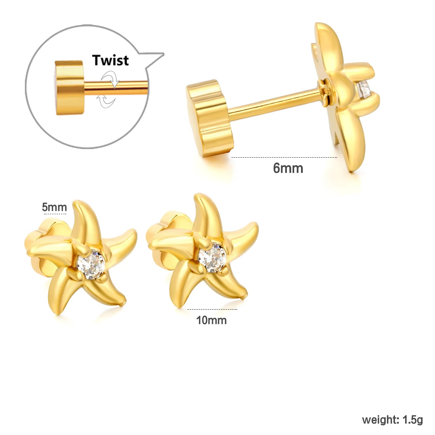Starfish CZ Screw-Back Stud Earrings| 3 Pairs Pack | 18K Gold Plated Stainless Steel | Wholesale Bulk Order MOQ 12