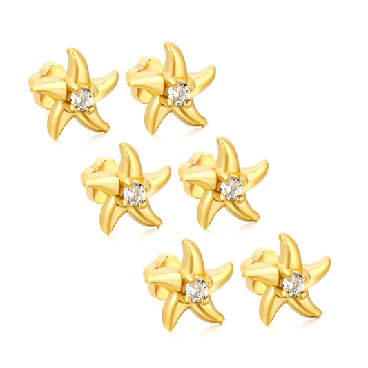Starfish CZ Screw-Back Stud Earrings| 3 Pairs Pack | 18K Gold Plated Stainless Steel | Wholesale Bulk Order MOQ 12