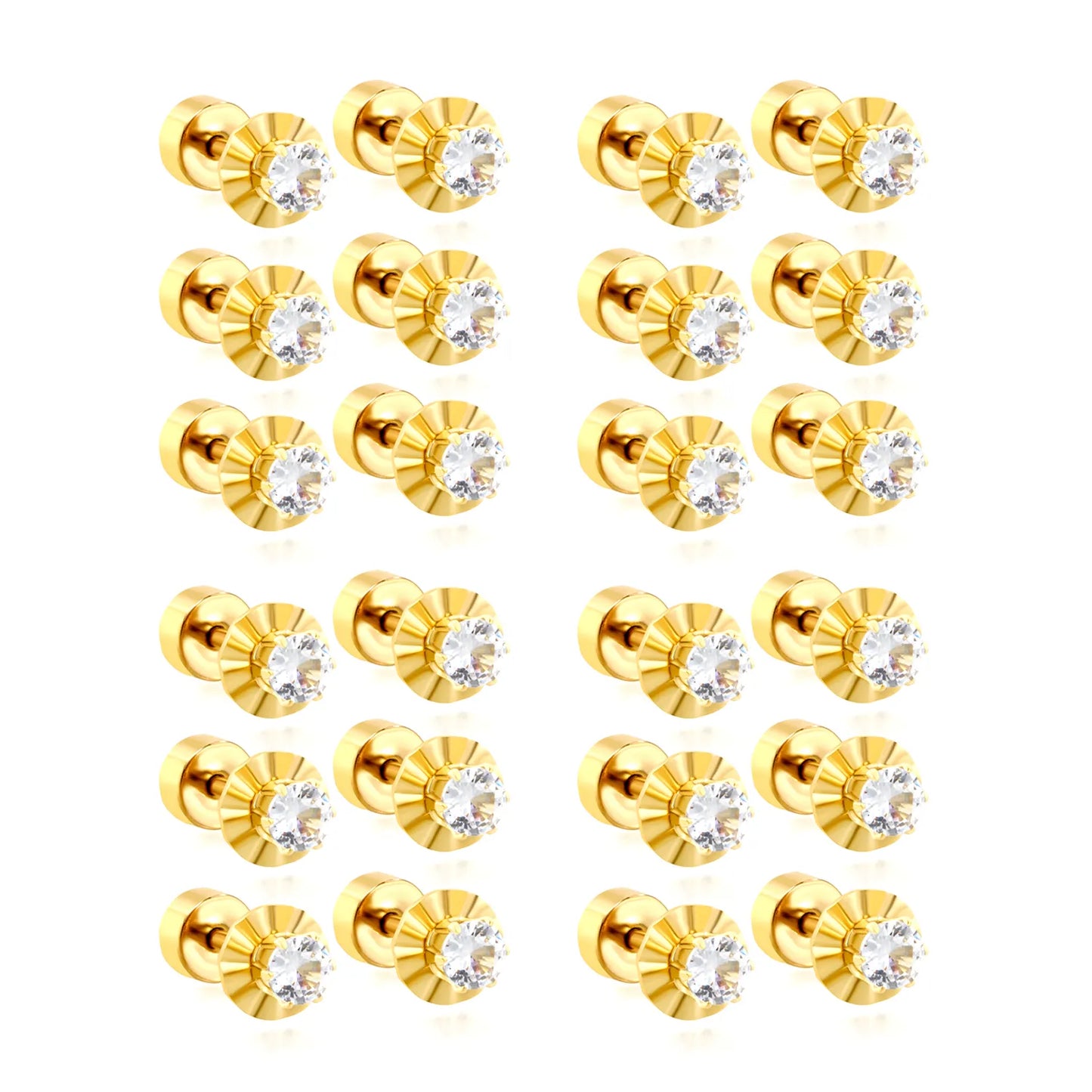 CZ Screw-Back Flat Back Stud Earrings | 18K Gold Plated Stainless Steel | Wholesale Bulk Order MOQ 12