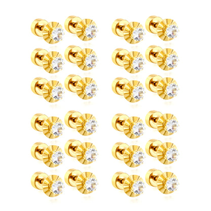 CZ Screw-Back Flat Back Stud Earrings | 18K Gold Plated Stainless Steel | Wholesale Bulk Order MOQ 12
