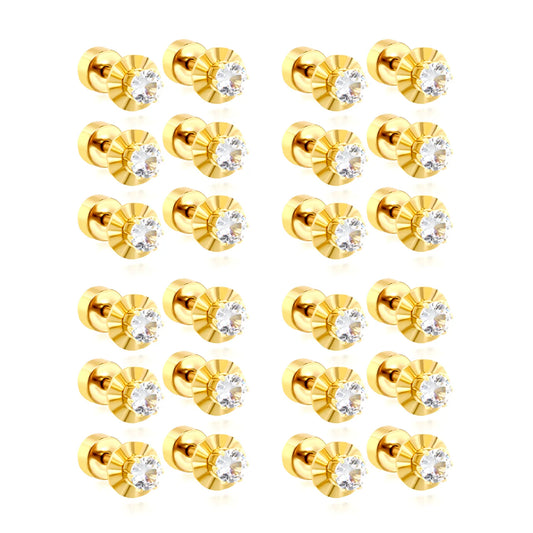 CZ Screw-Back Flat Back Stud Earrings | 18K Gold Plated Stainless Steel | Wholesale Bulk Order MOQ 12