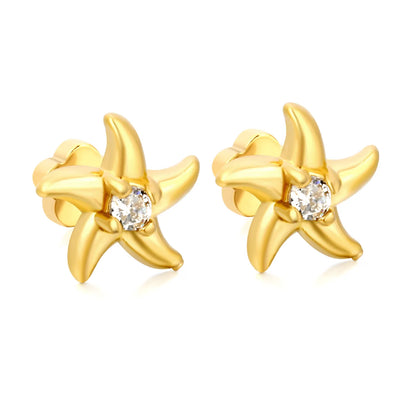 Starfish CZ Screw-Back Stud Earrings| 3 Pairs Pack | 18K Gold Plated Stainless Steel | Wholesale Bulk Order MOQ 12