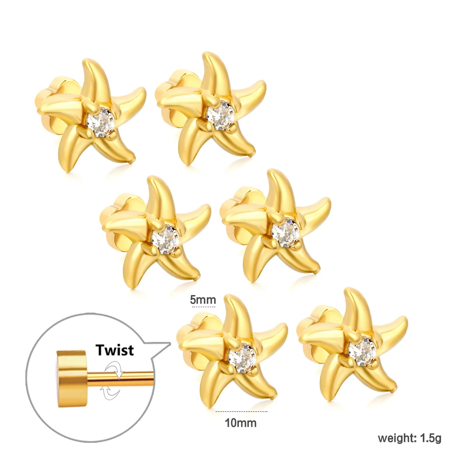 Starfish CZ Screw-Back Stud Earrings| 3 Pairs Pack | 18K Gold Plated Stainless Steel | Wholesale Bulk Order MOQ 12